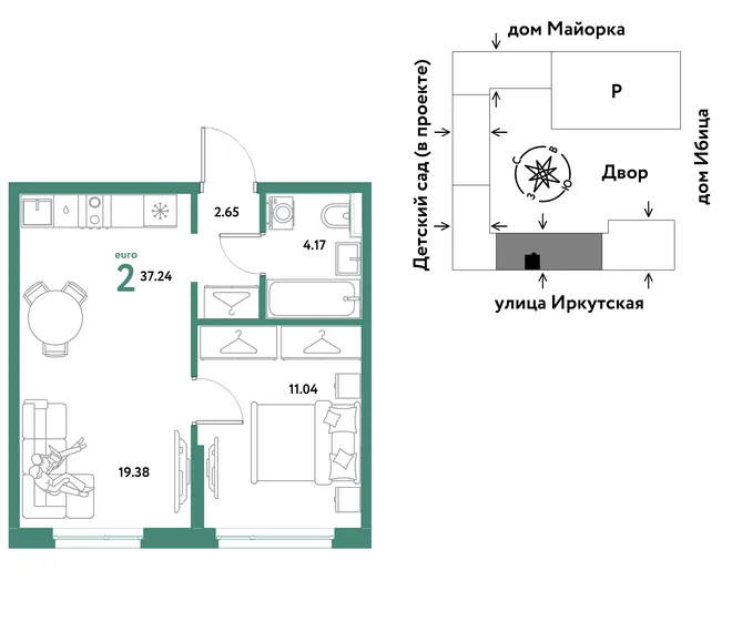 Планировка 2-комн. квартира, 37.24 м² ЖК «Остров-сад» Планировка 2-комн. квартира, 37.24 м² ЖК «Остров-сад»