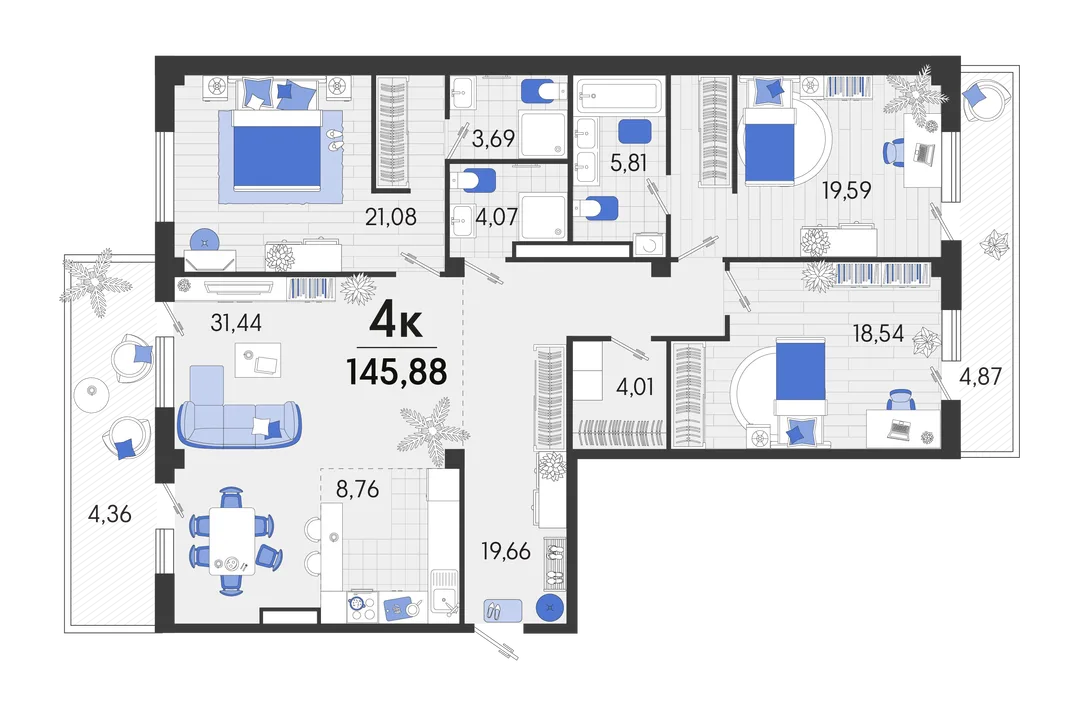 Планировка 4-комн. квартира, 146.55 м² ЖК «Белые Росы 2»