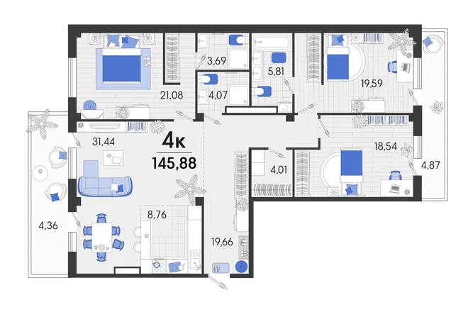 Планировка 4-комн. квартира, 146.55 м² ЖК «Белые Росы 2» Планировка 4-комн. квартира, 146.55 м² ЖК «Белые Росы 2»