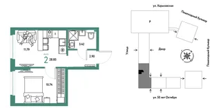 Планировка 2-комн. квартира, 28.85 м² ЖК «Сердце Сибири»