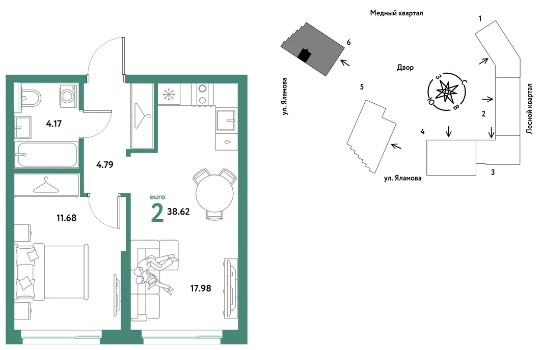 Планировка 2-комн. квартира, 38.62 м² ЖК «Сибирский сад»
