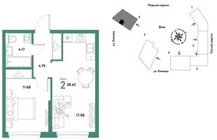 Планировка 2-комн. квартира, 38.62 м² ЖК «Сибирский сад»