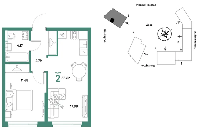 Планировка 2-комн. квартира, 38.62 м² ЖК «Сибирский сад» Планировка 2-комн. квартира, 38.62 м² ЖК «Сибирский сад»