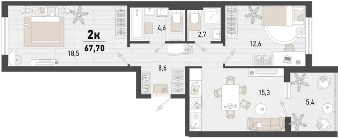 Планировка 2-комн. квартира, 67.7 м² ЖК «Барса» Планировка 2-комн. квартира, 67.7 м² ЖК «Барса»
