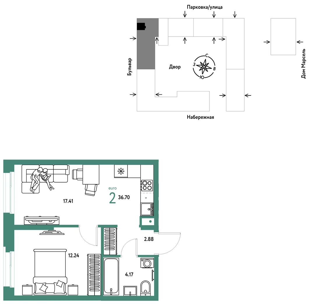 Планировка 2-комн. квартира, 36.7 м² ЖК «Европейский берег 2.0»