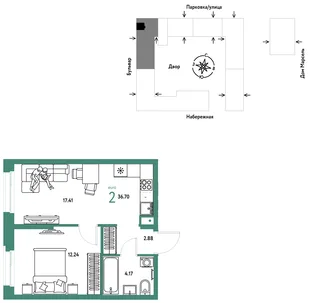 Планировка 2-комн. квартира, 36.7 м² ЖК «Европейский берег 2.0»