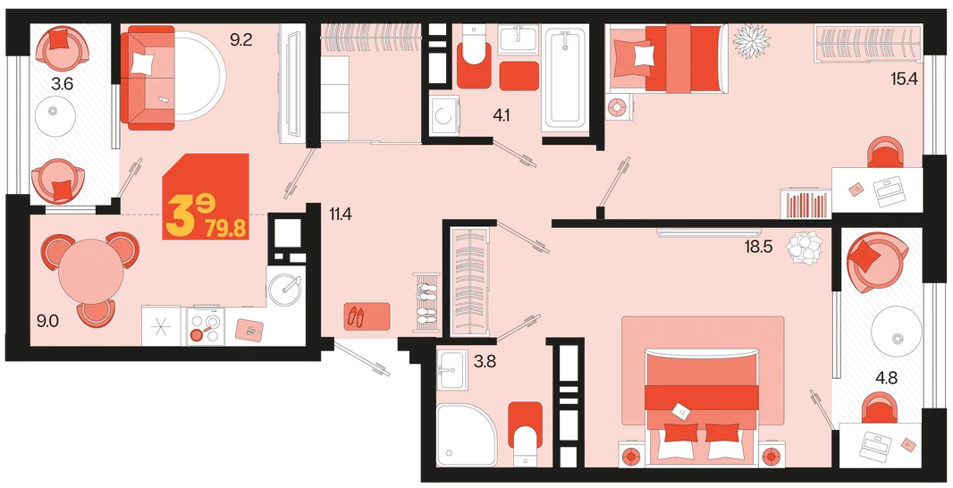 Планировка 3-комн. квартира, 79.8 м² ЖК «Первое место»