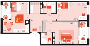 Планировка 3-комн. квартира, 79.8 м² ЖК «Первое место»