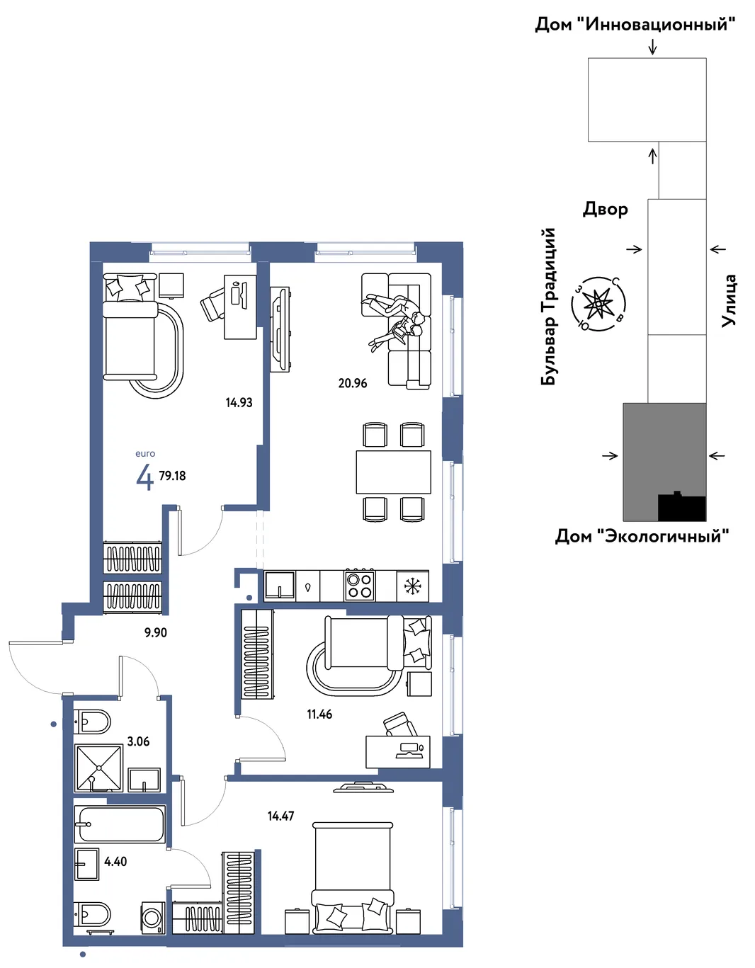 Планировка 4-комн. квартира, 79.18 м² ЖК «Микрорайон Домашний»