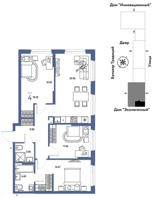 Планировка 4-комн. квартира, 79.18 м² ЖК «Микрорайон Домашний»