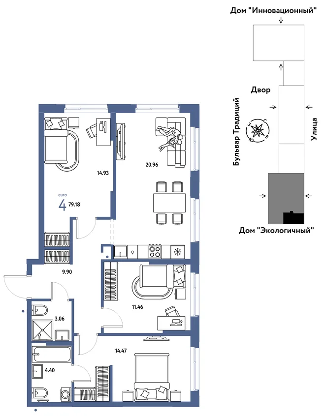 Планировка 4-комн. квартира, 79.18 м² ЖК «Микрорайон Домашний»