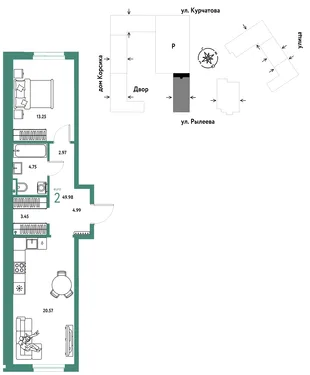 Планировка 2-комн. квартира, 49.97 м² ЖК «Остров-сад»