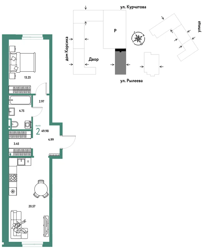 Планировка 2-комн. квартира, 49.97 м² ЖК «Остров-сад» Планировка 2-комн. квартира, 49.97 м² ЖК «Остров-сад»