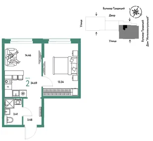Планировка 2-комн. квартира, 34.69 м² ЖК «Микрорайон Домашний»