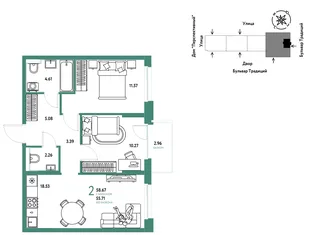 Планировка 2-комн. квартира, 58.67 м² ЖК «Микрорайон Домашний»