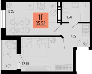 Планировка 1-комн. квартира, 35.56 м² ЖК «Столицыно»