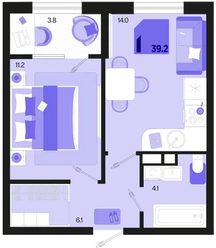 Планировка 1-комн. квартира, 39.2 м² ЖК «Первое место»