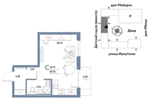 Планировка Студия, 32.75 м² ЖК «Остров-сад»