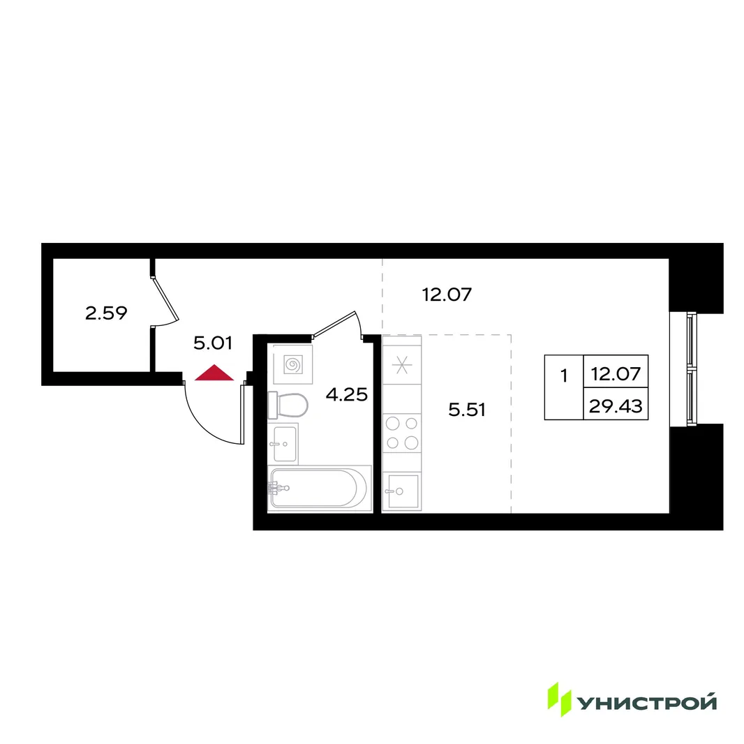 Планировка 1-комн. квартира, 29.43 м² ЖК «Уникум на Энгельса»