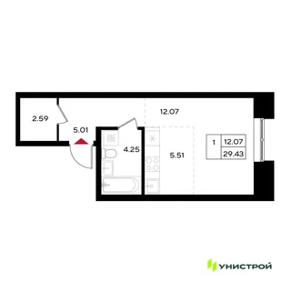 Планировка 1-комн. квартира, 29.43 м² ЖК «Уникум на Энгельса»