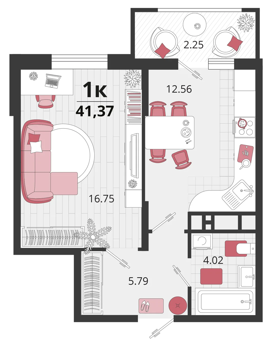 Планировка 1-комн. квартира, 41.05 м² ЖК «Родные просторы»