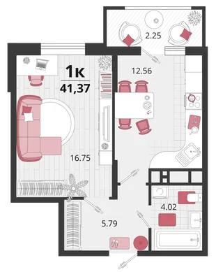 Планировка 1-комн. квартира, 41.05 м² ЖК «Родные просторы»