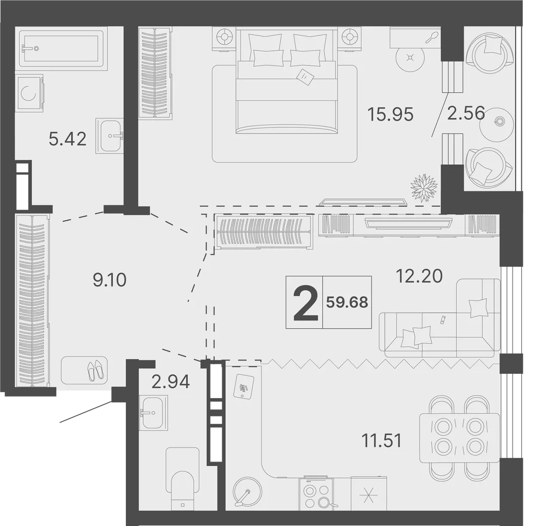 Планировка 2-комн. квартира, 59.68 м² ЖК «Светский лес»