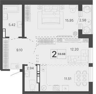 Планировка 2-комн. квартира, 59.68 м² ЖК «Светский лес»