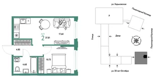 Планировка 2-комн. квартира, 37.81 м² ЖК «Сердце Сибири»