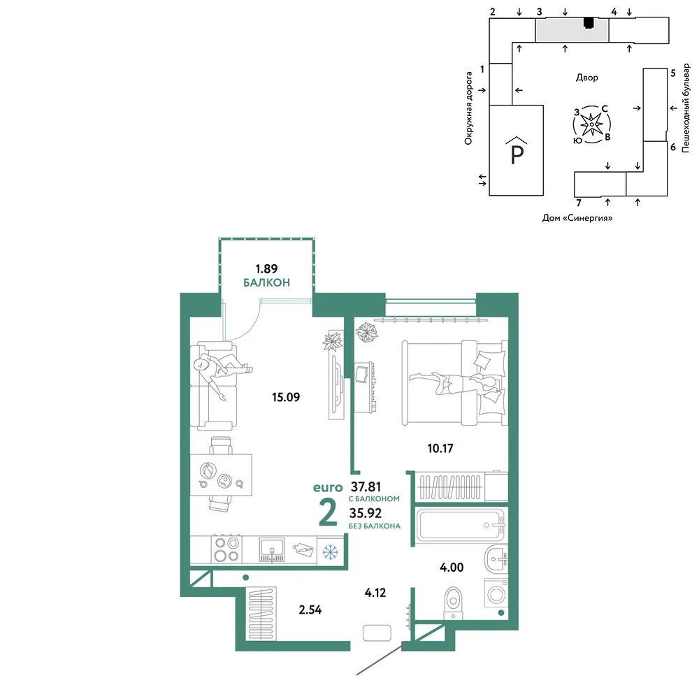 Планировка 2-комн. квартира, 37.81 м² ЖК «Юнион»