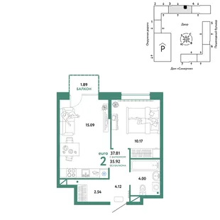 Планировка 2-комн. квартира, 37.81 м² ЖК «Юнион»