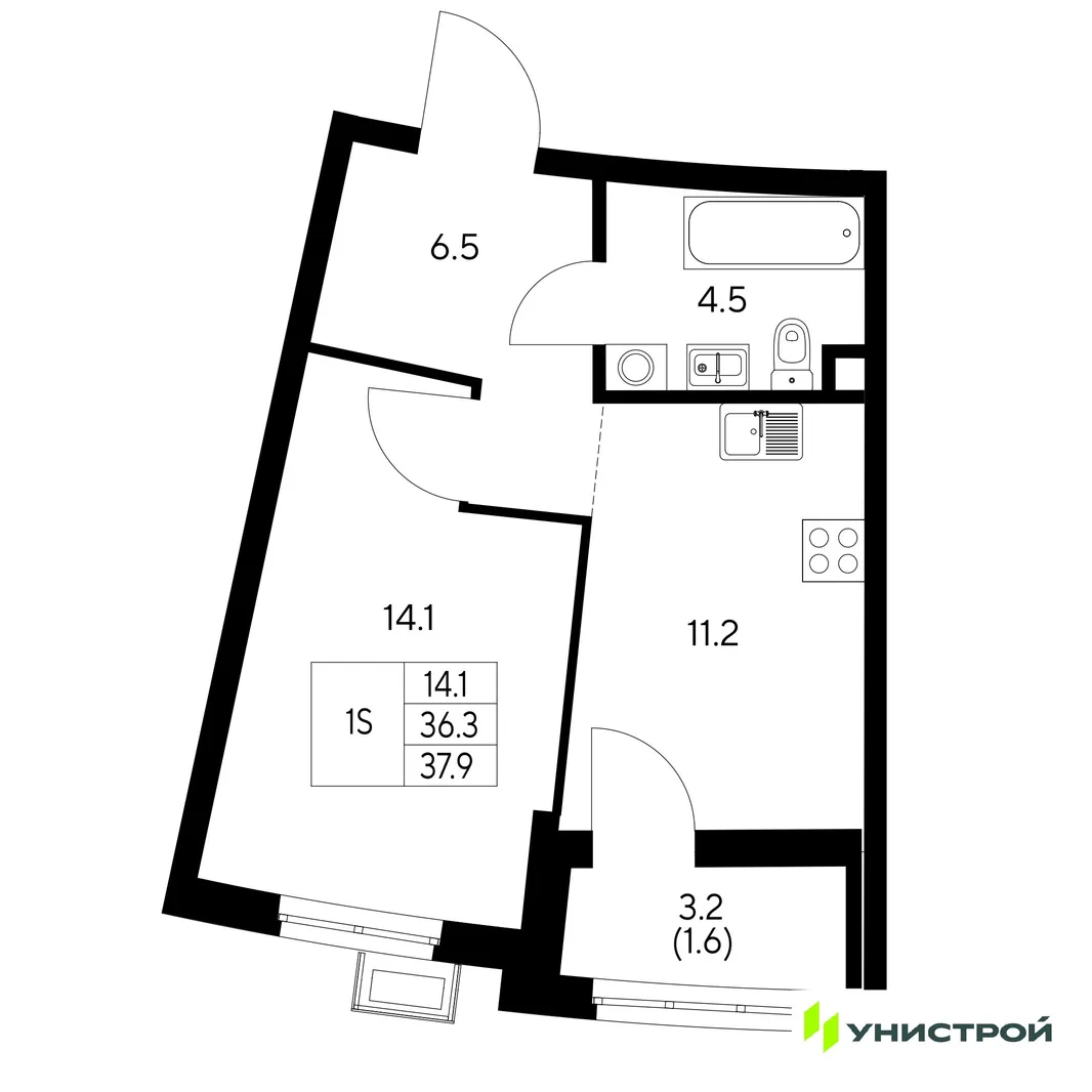 Планировка 1-комн. квартира, 37.9 м² ЖК «Стадиум»