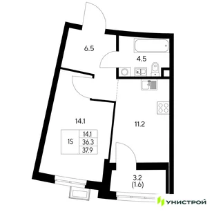 Планировка 1-комн. квартира, 37.9 м² ЖК «Стадиум»