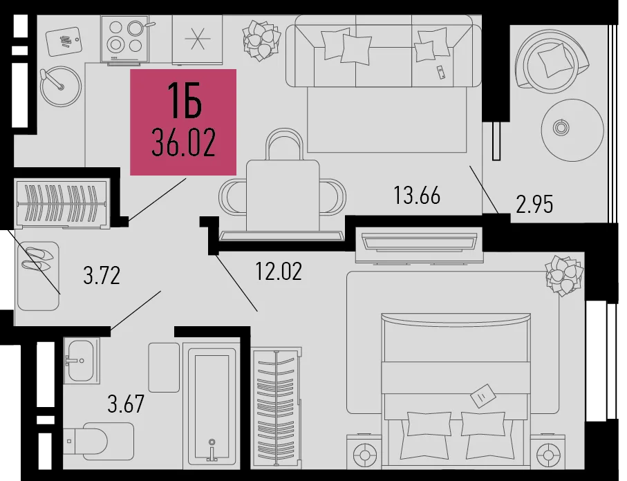 Планировка 1-комн. квартира, 36.02 м² ЖК «Столицыно»