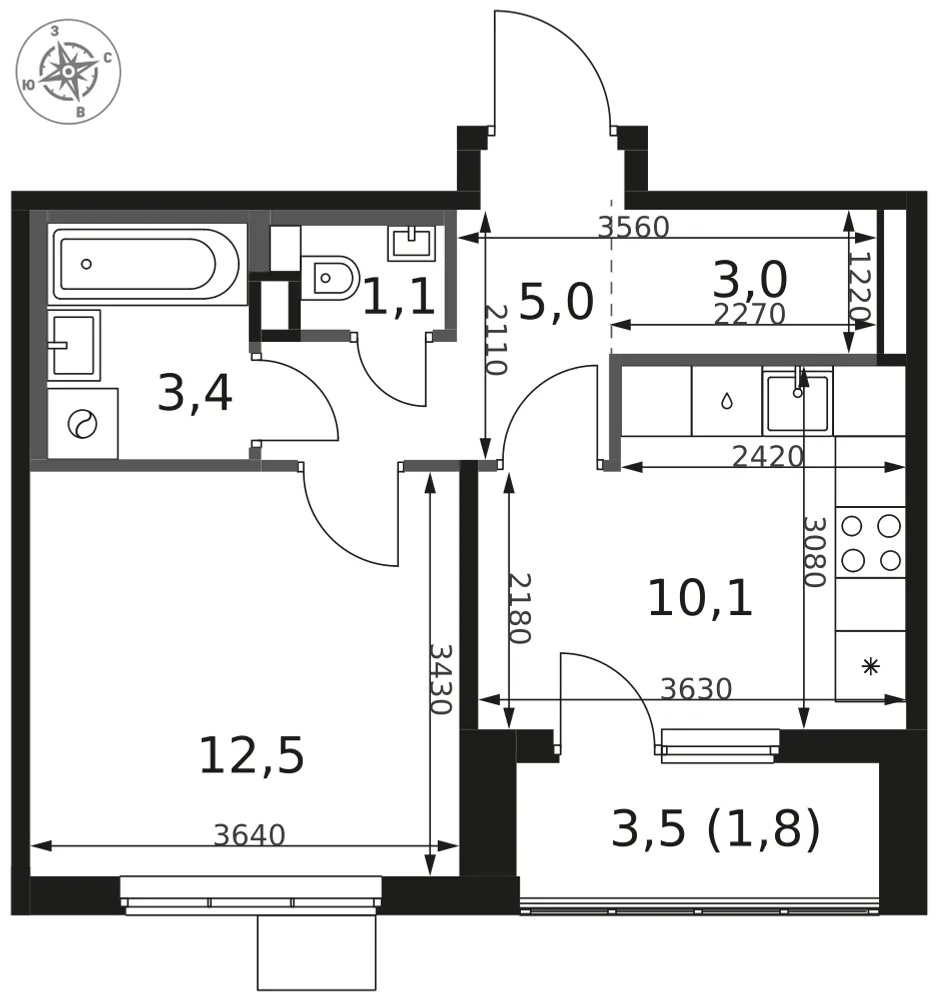 Планировка 1-комн. квартира, 36.9 м² ЖК «1-й Химкинский»