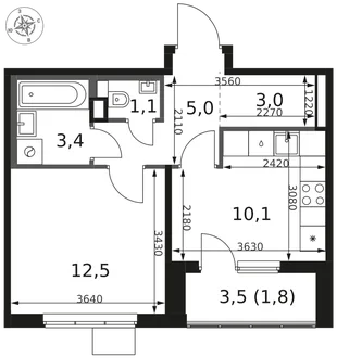 Планировка 1-комн. квартира, 36.9 м² ЖК «1-й Химкинский»