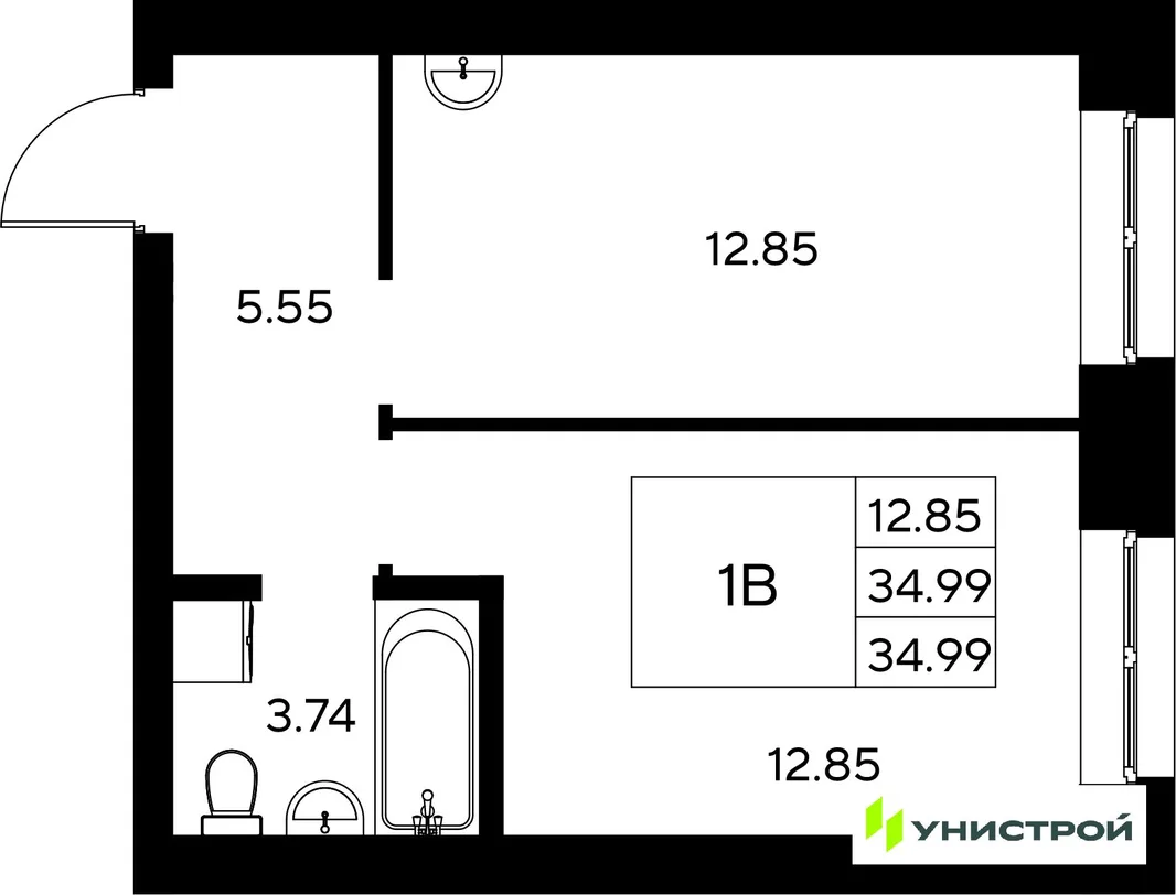 Планировка 1-комн. квартира, 34.99 м² ЖК «Царёво City»