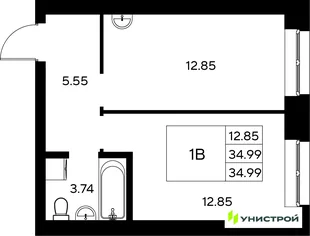 Планировка 1-комн. квартира, 34.99 м² ЖК «Царёво City»