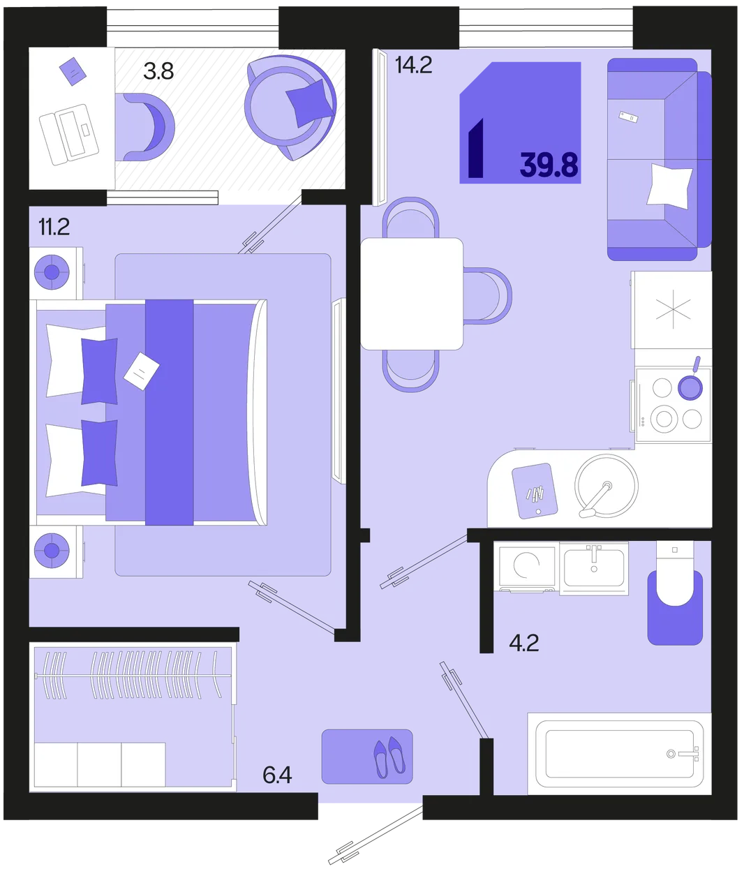 Планировка 1-комн. квартира, 39.8 м² ЖК «Первое место»