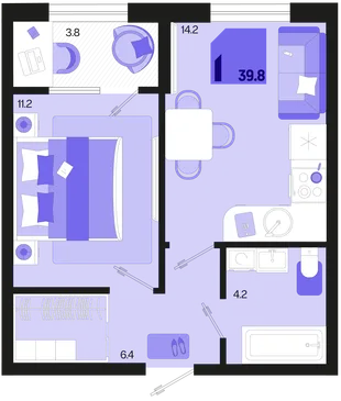 Планировка 1-комн. квартира, 39.8 м² ЖК «Первое место»