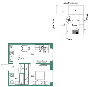 Планировка 2-комн. квартира, 38.72 м² ЖК «Европейский берег 2.0»