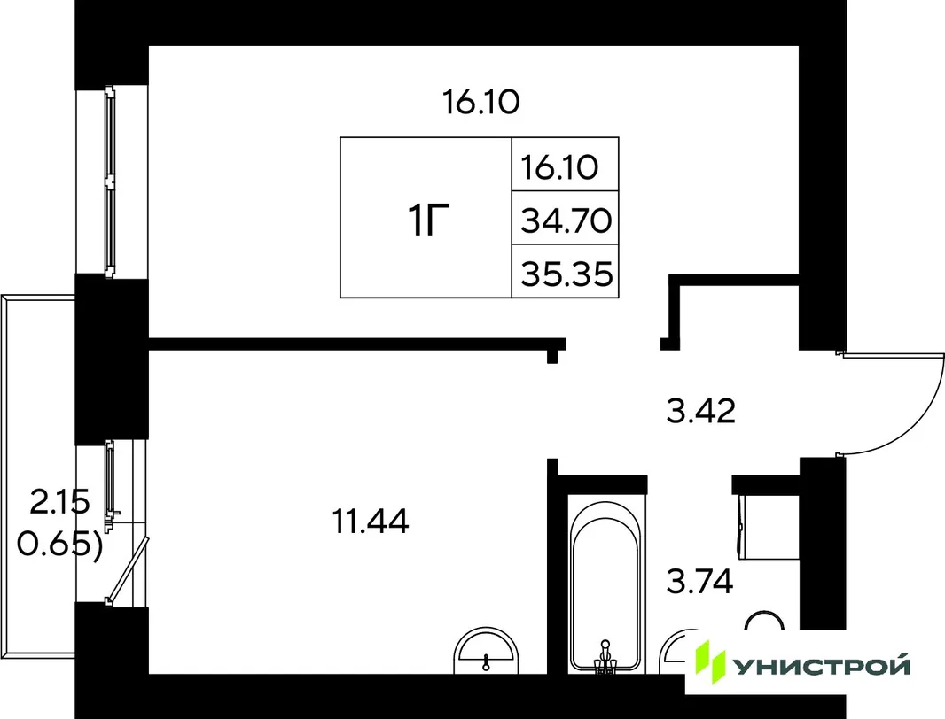 Планировка 1-комн. квартира, 35.35 м² ЖК «Царёво City»
