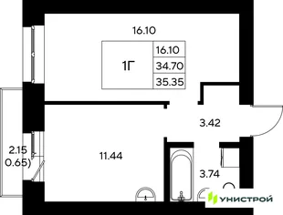 Планировка 1-комн. квартира, 35.35 м² ЖК «Царёво City»