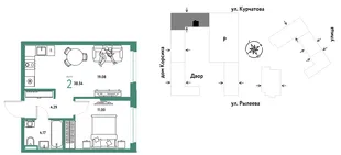 Планировка 2-комн. квартира, 38.54 м² ЖК «Остров-сад»