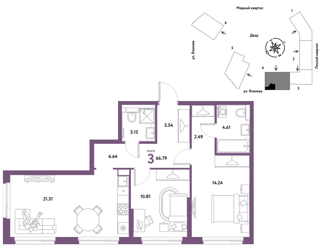 Планировка 3-комн. квартира, 66.79 м² ЖК «Сибирский сад»