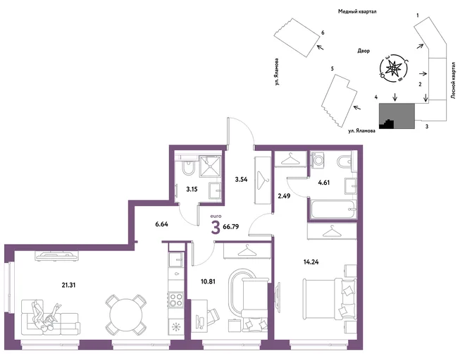 Планировка 3-комн. квартира, 66.79 м² ЖК «Сибирский сад» Планировка 3-комн. квартира, 66.79 м² ЖК «Сибирский сад»