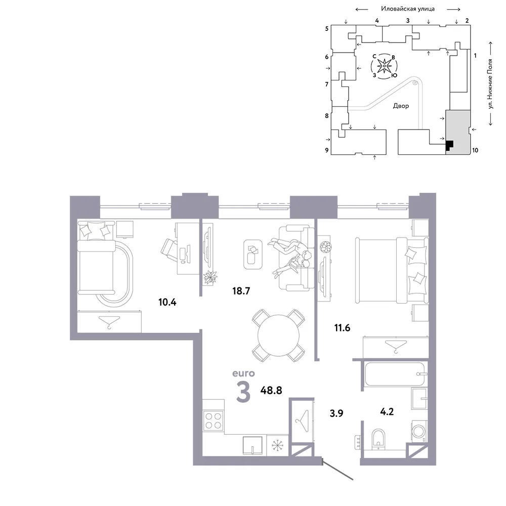 Планировка 3-комн. квартира, 48.8 м² ЖК «Страна.Заречная»
