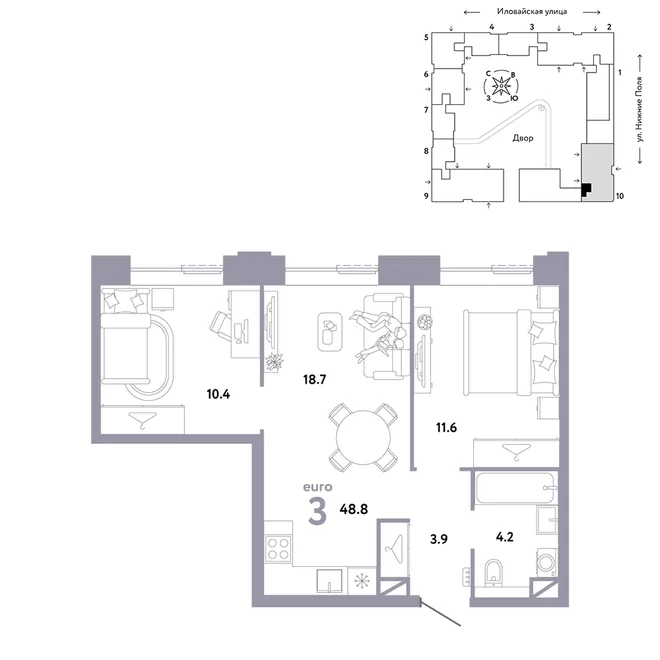 Планировка 3-комн. квартира, 48.8 м² ЖК «Страна.Заречная» Планировка 3-комн. квартира, 48.8 м² ЖК «Страна.Заречная»