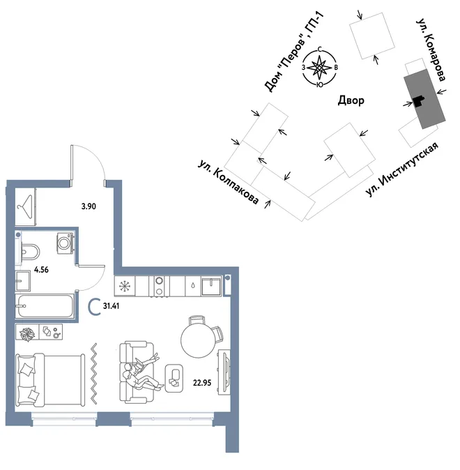 Планировка Студия, 31.41 м² ЖК «Страна.Парковая» Планировка Студия, 31.41 м² ЖК «Страна.Парковая»