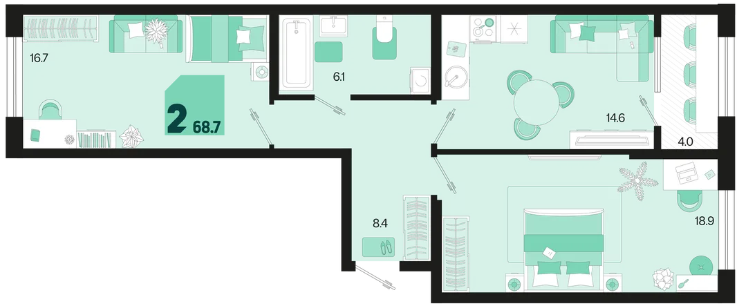 Планировка 2-комн. квартира, 68.7 м² ЖК «Первое место»